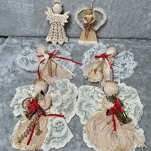 Vintage Handmade Angel Ornaments Lace, Yarn, Crochet Christmas Cottagecore